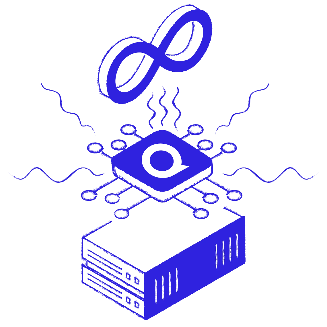 Quantum computing chip with glowing particles and data flow
